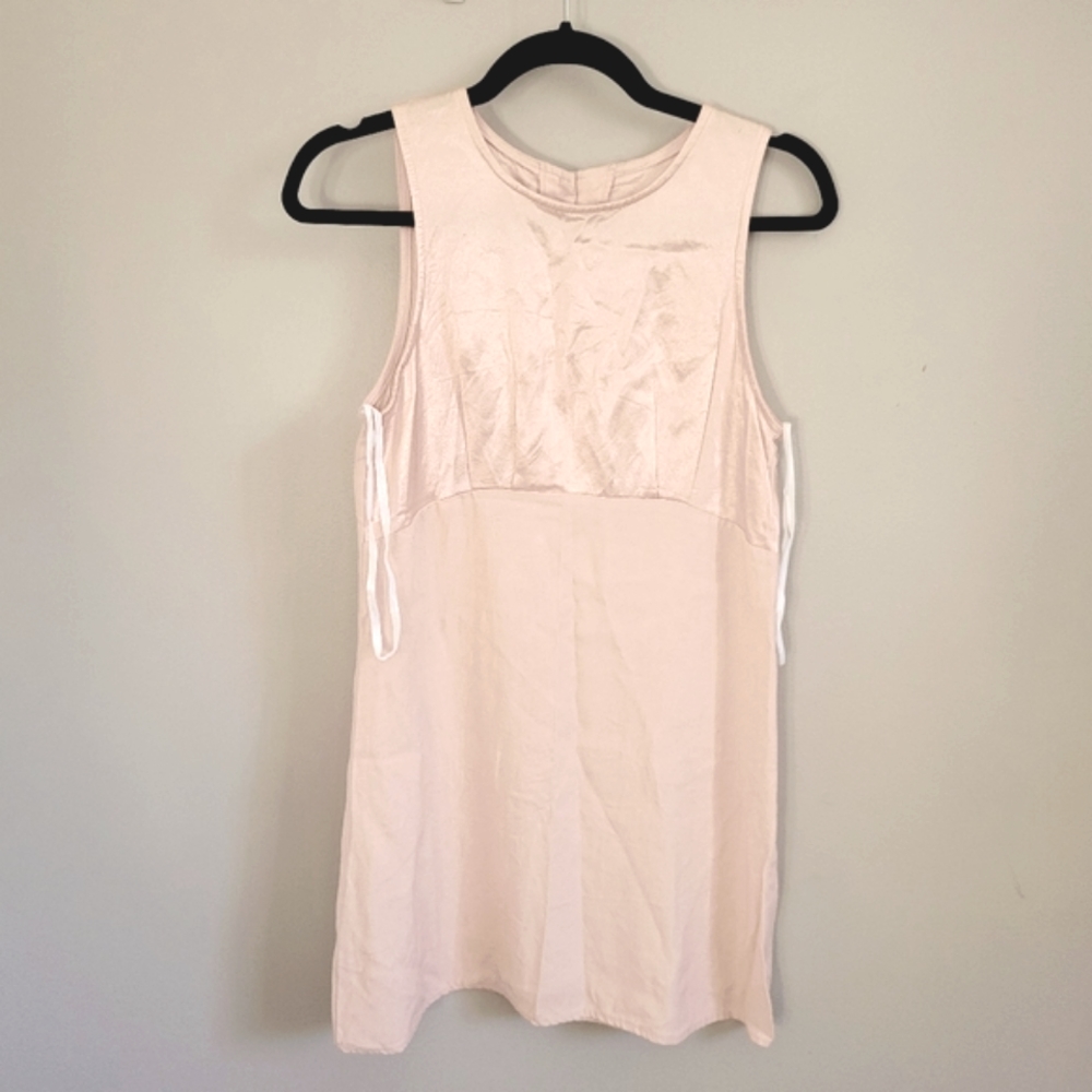 vintage 70s mini sleeveless satin dress Size xs small empire Waist Pastel Pink